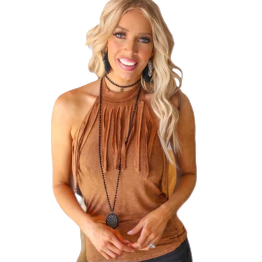J Brand Brown Suede Fringe Halter Tank Top